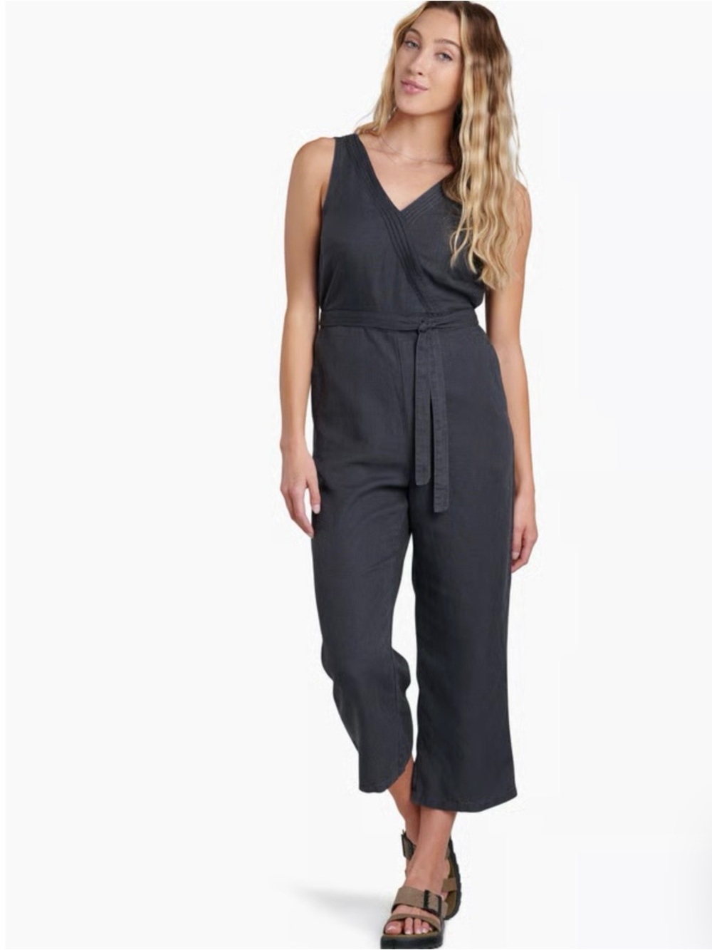 Kuhl Fresco Jumpsuit Sleeveless V-Neck Tie-Waist Cropped Jumpsuit - Charcoal